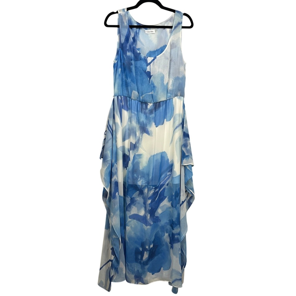Calvin Klein Blue Watercolor Floral Chiffon Handkerchief Hem Maxi Dress Women 12